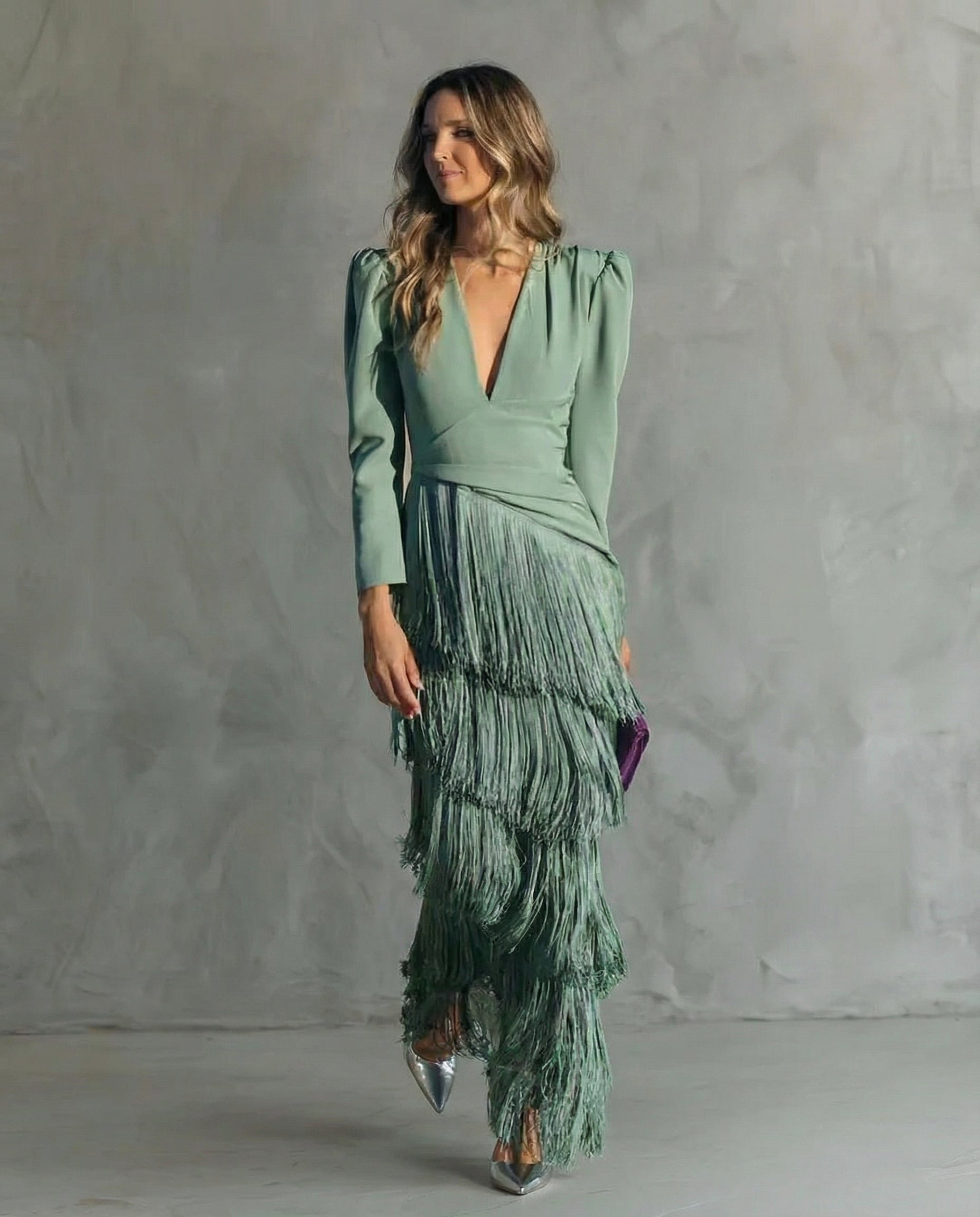 Esmeralda | Women's V-Neck Fringe Maxi Dress