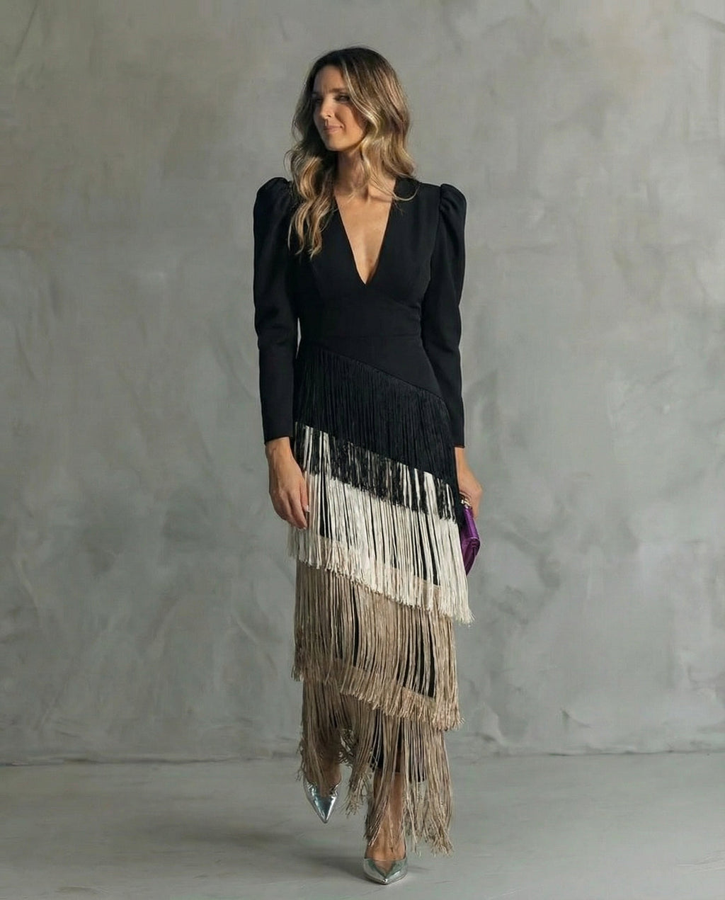 Esmeralda | Women's V-Neck Fringe Maxi Dress
