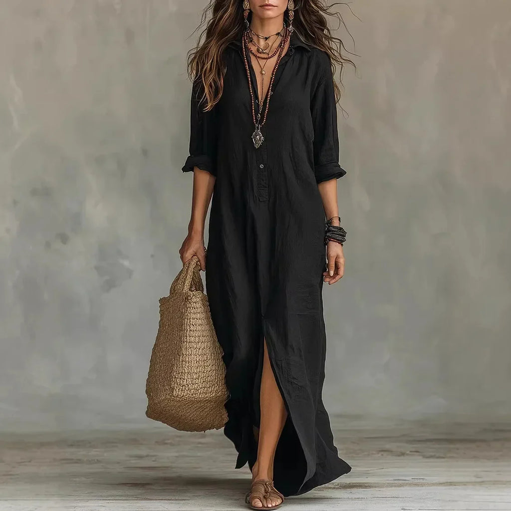 Ophelia | Women's Collared Long Sleeve Maxi Shirt Dress