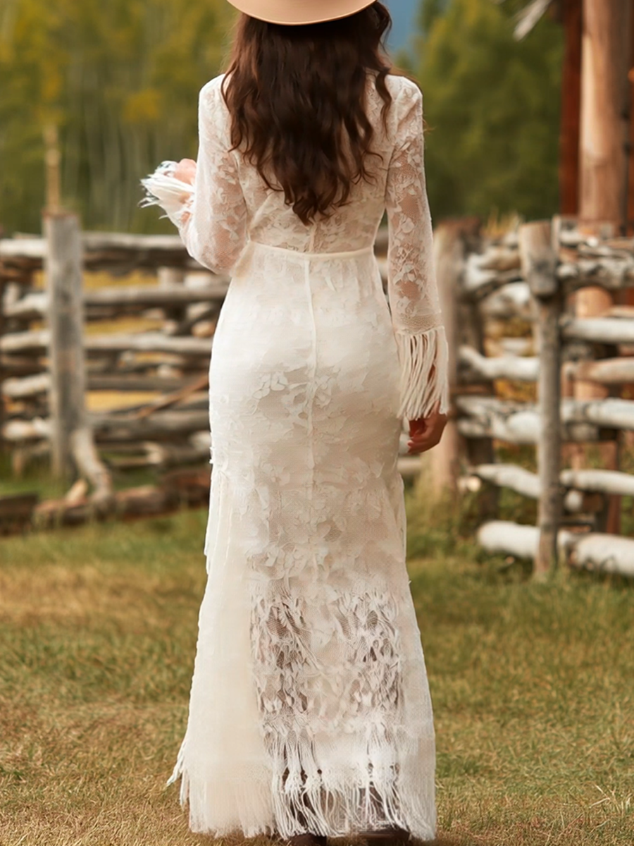 Serenity | Women's V-Neck Long Sleeve Tassel Maxi Dress
