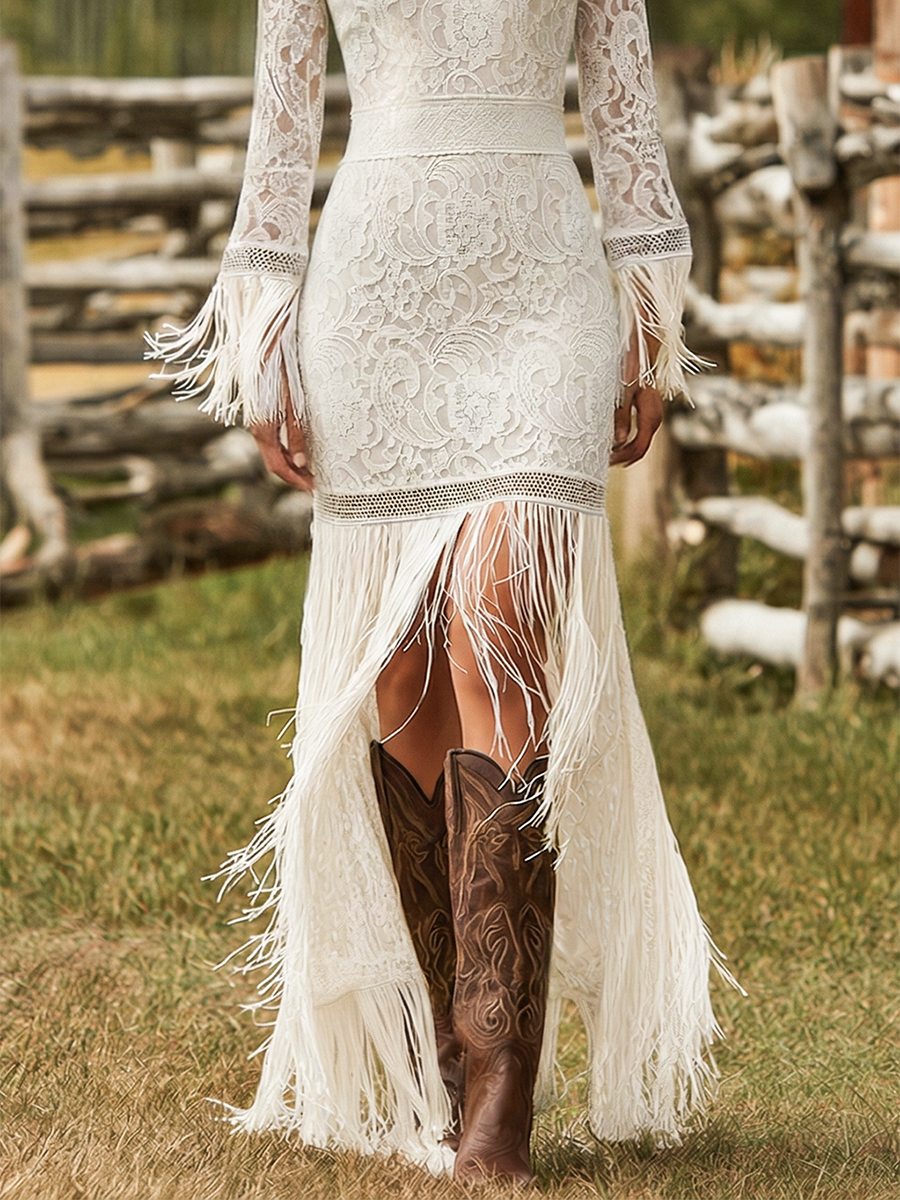 Serenity | Women's V-Neck Long Sleeve Tassel Maxi Dress