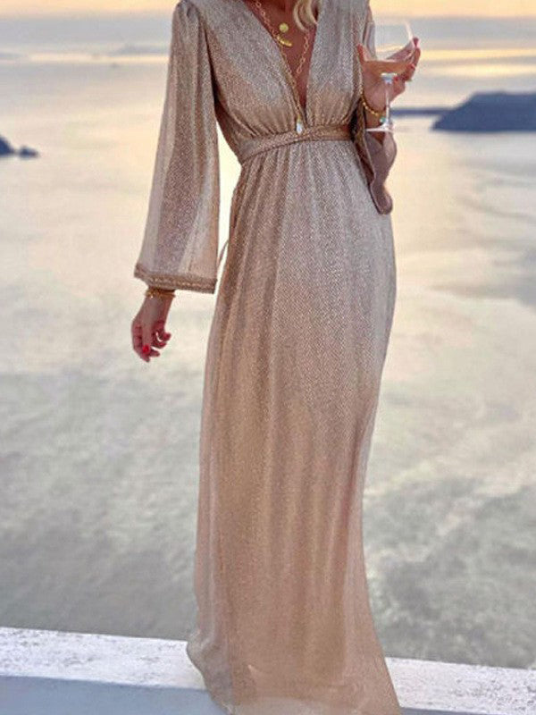 Zara | Women's V-Neck Long Sleeve Wrap Maxi Dress